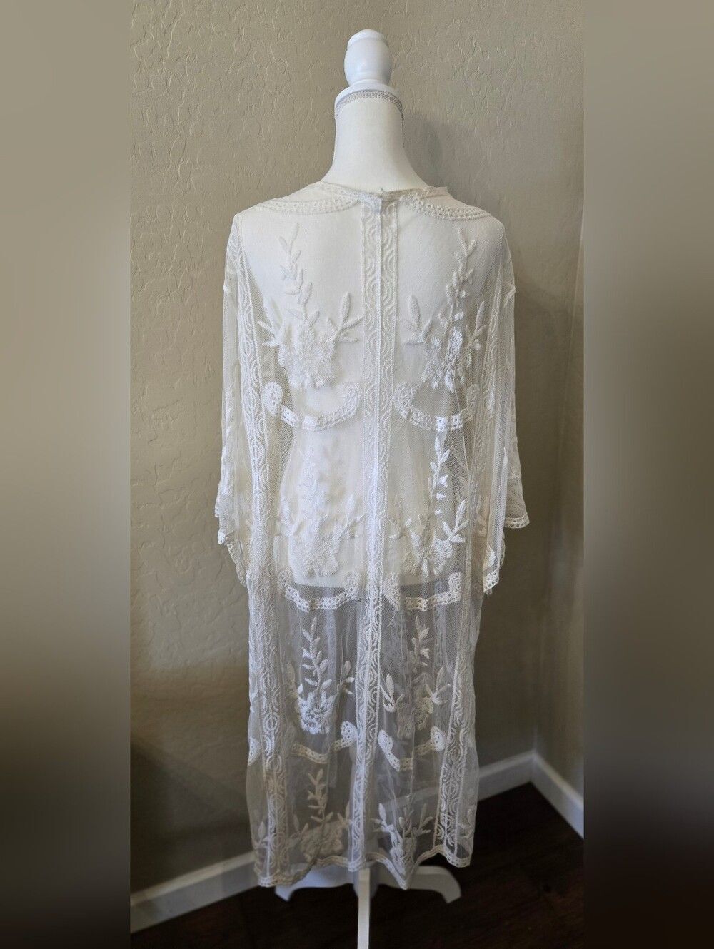 Sheer Embroidered Long Kimono - Ivory - Picture 2 of 4